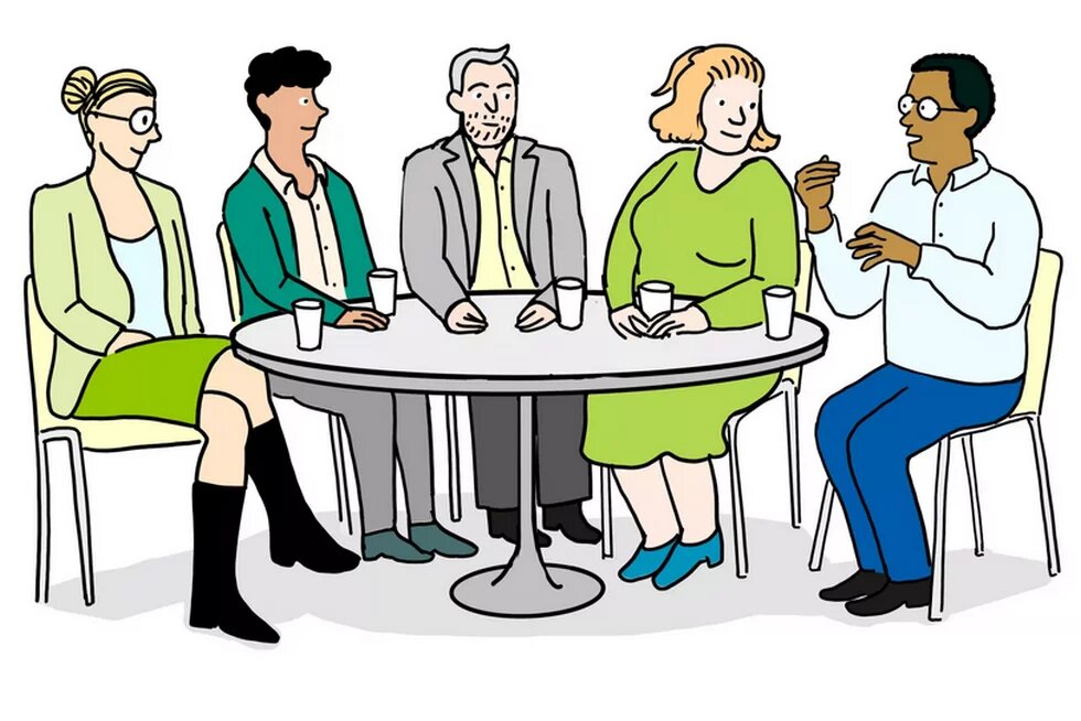 Gesprächsrunde Gesprächsrunde: 5 Personen mit unterschiedlichem Aussehen sitzen um einen runden Tisch und reden