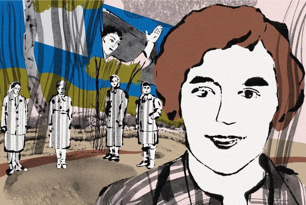 Collageartige Illustration: großes Frauenporträt mit kurzem Haar, leicht lächelnd. Dahinter vier stehende Personen in gestreifter Kleidung. Oben winkende Figur vor blau-grünem Hintergrund.