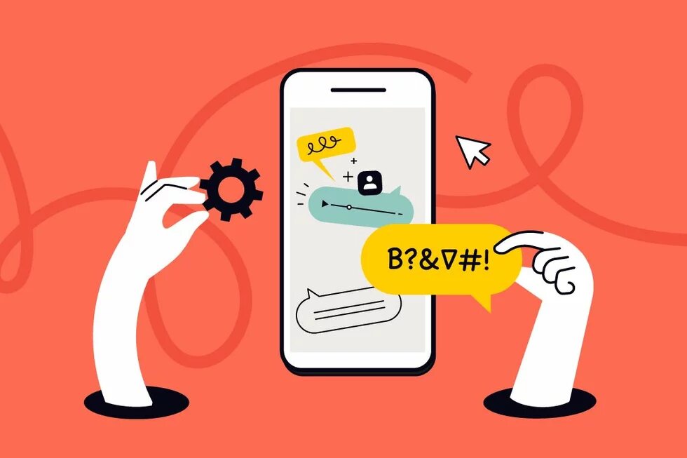 Plattformregulierung Zwei Hände greifen nach Zahnrad und Sprechblase vor Smartphone mit Chat-Elementen und Symbolen auf rotem Hintergrund.