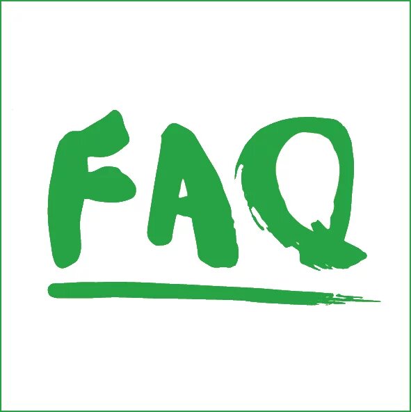 Handgemalter Schriftzug „FAQS“ in Grüntönen auf hellem Hintergrund, darunter ein grüner Pinselstrich.