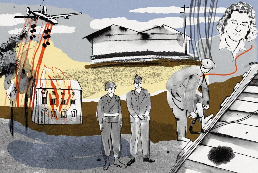 Illustration mit brennendem Haus, Flugzeug mit Bomben, zwei Soldat*innen, arbeitender Person auf Dach und Porträt einer Frau im Hintergrund.