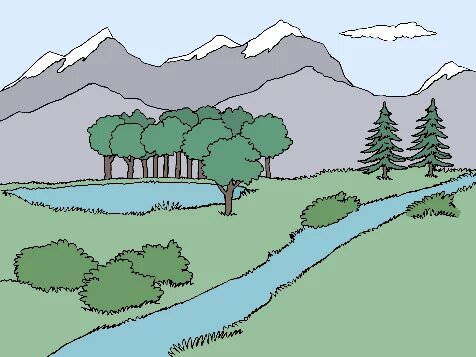Ein Bach fließt durch eine Wiese mit Büschen, Bäumen und zwei Tannen; im Hintergrund ein See, Wald und Berge mit Schneespitzen.