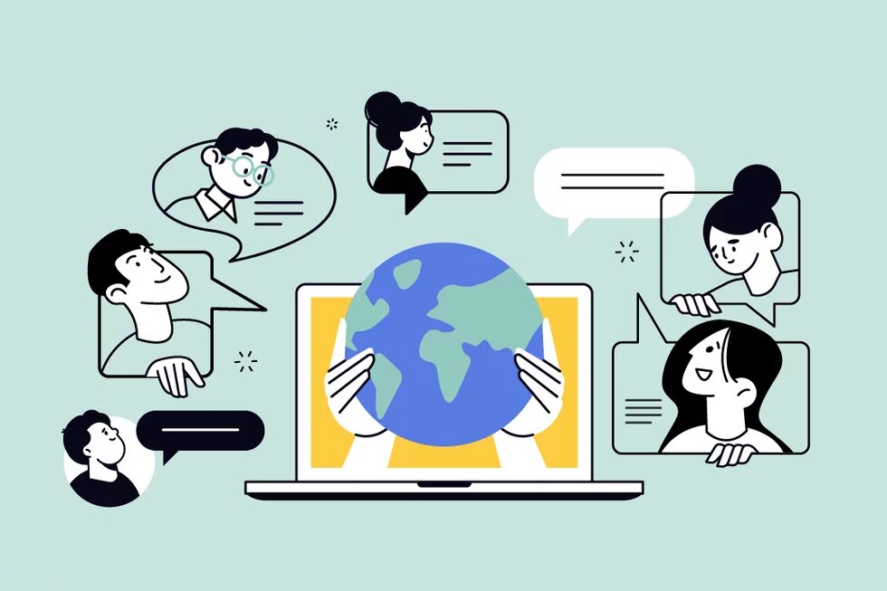 Illustration von sechs sprechenden Personen um einen Laptop mit Weltkugel; Sprechblasen zeigen digitale Kommunikation.