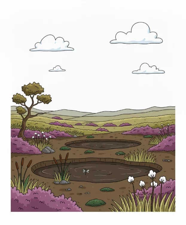 Offene Moorlandschaft mit Wasserstellen, Gras, blühender Heide und einem Baum unter bewölktem Himmel.