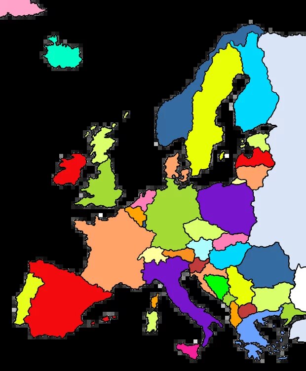 Bunte Karte Europas mit klar abgegrenzten Ländern in verschiedenen Farben, ohne Beschriftung oder geografische Details.