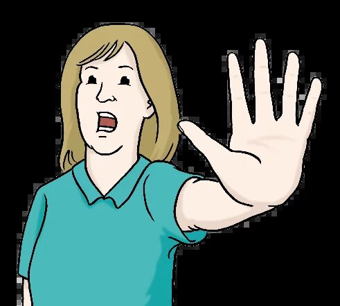 Eine Person mit ausgestreckter Hand zeigt ein Stopp-Zeichen und hat den Mund geöffnet.