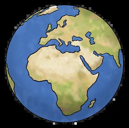 Darstellung der Erde mit Fokus auf Afrika, Europa und Teile Asiens, umgeben von blauem Ozean.