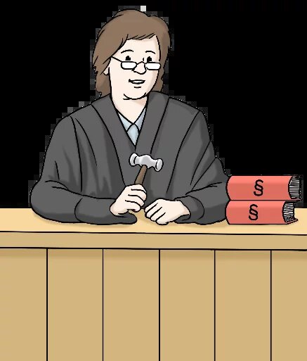 Eine Person im Richterinnengewand sitzt mit Richterinnenhammer vor zwei Gesetzbüchern an einem Tisch.