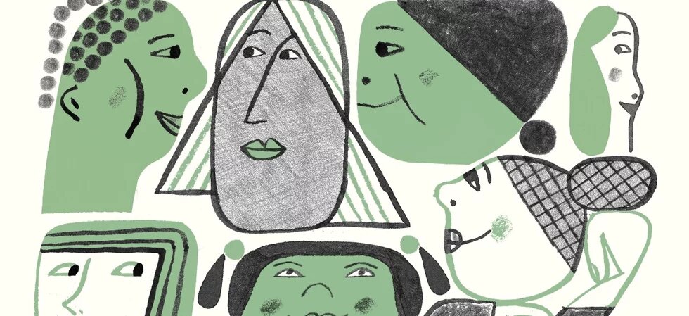 Illustration: Seven stylized faces in green tones, closely arranged with various shapes, hairstyles, and gaze directions.