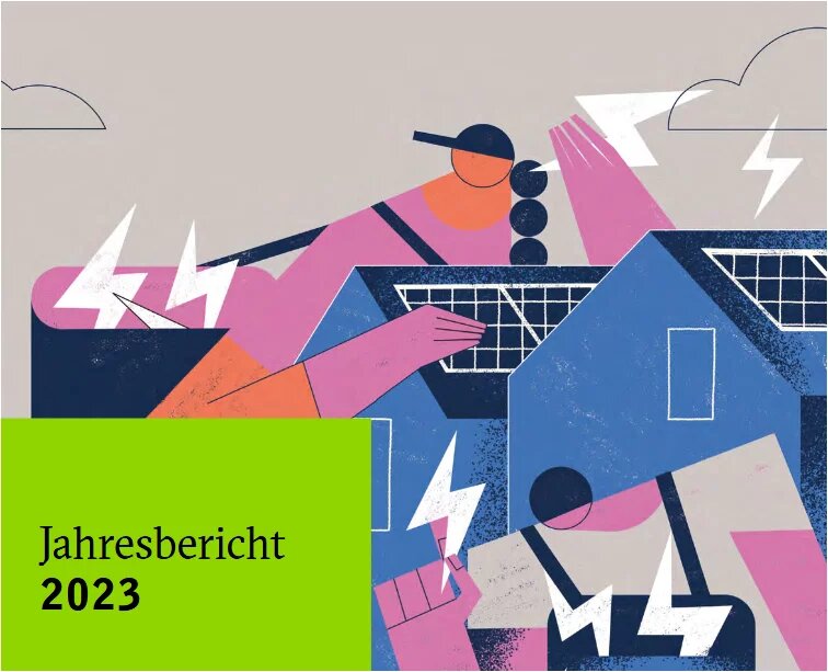 Cover: Jahresbericht 2023 Gezeichnete Personen montieren Solarpanels auf Hausdächer, Blitze symbolisieren Energie. Textfeld: Jahresbericht 2023.