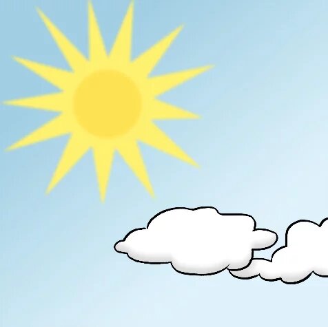 Die Sonne scheint am Himmel, darunter ziehen zwei weiße Wolken vorbei.