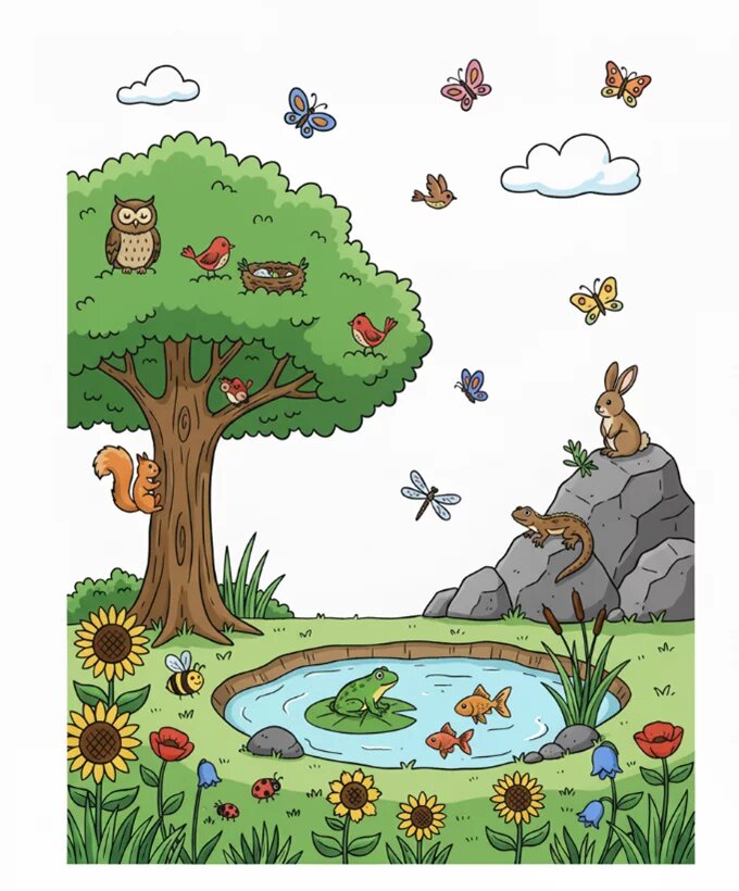 Rund um einen Teich mit Frosch und Fischen sind viele Tiere: Vögel, Schmetterlinge, Hase, Eule, Libelle, Eichhörnchen und Käfer.
