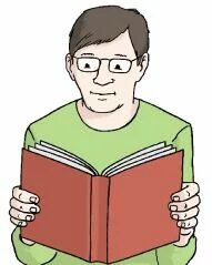 Eine Person mit Brille hält ein geöffnetes Buch mit rotem Einband und liest darin.