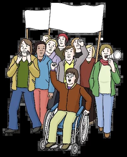 Mehrere Demonstrierende, teils mit Plakaten, eine Person im Rollstuhl vorn mit erhobener Faust, eine Person ruft durch ein Megafon.