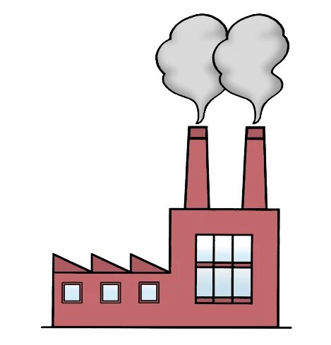 Eine Fabrik mit zwei Schornsteinen, aus denen grauer Rauch aufsteigt.