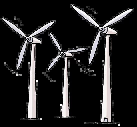 Drei Windräder mit drehenden Rotoren stehen nebeneinander.
