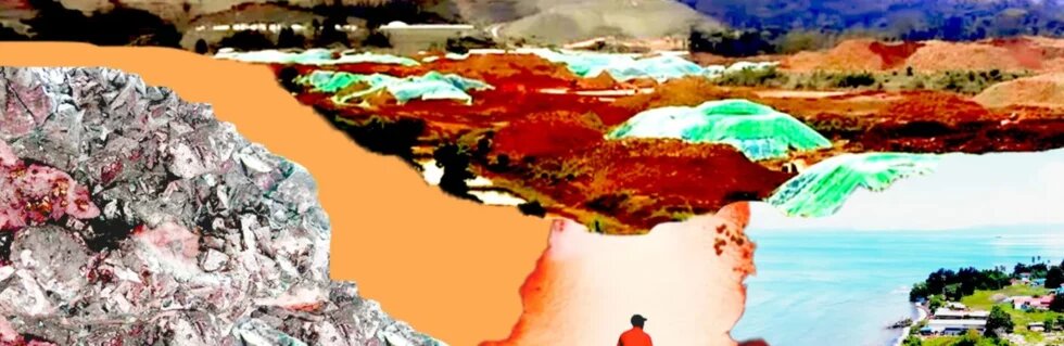 Abstract collage of a person seen from behind, standing before mines, coastline, mineral rocks, and green-covered hills.