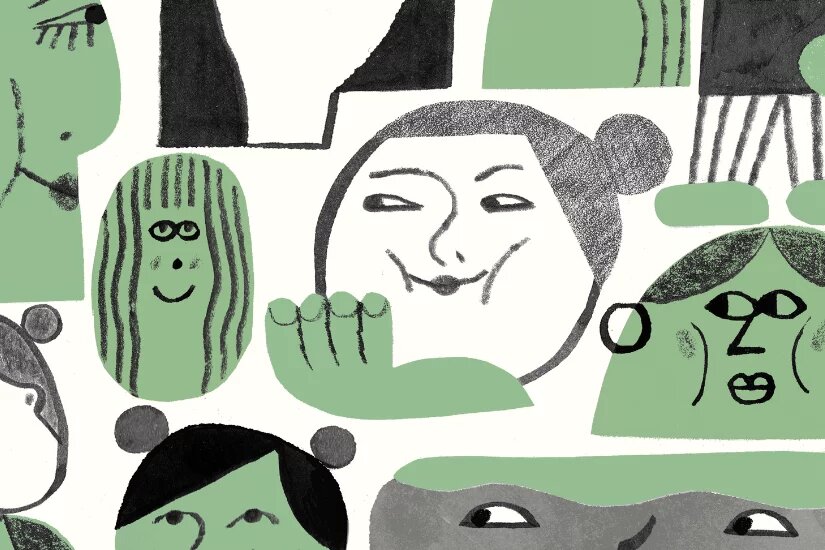 Several stilized women's faces in white and green colours.