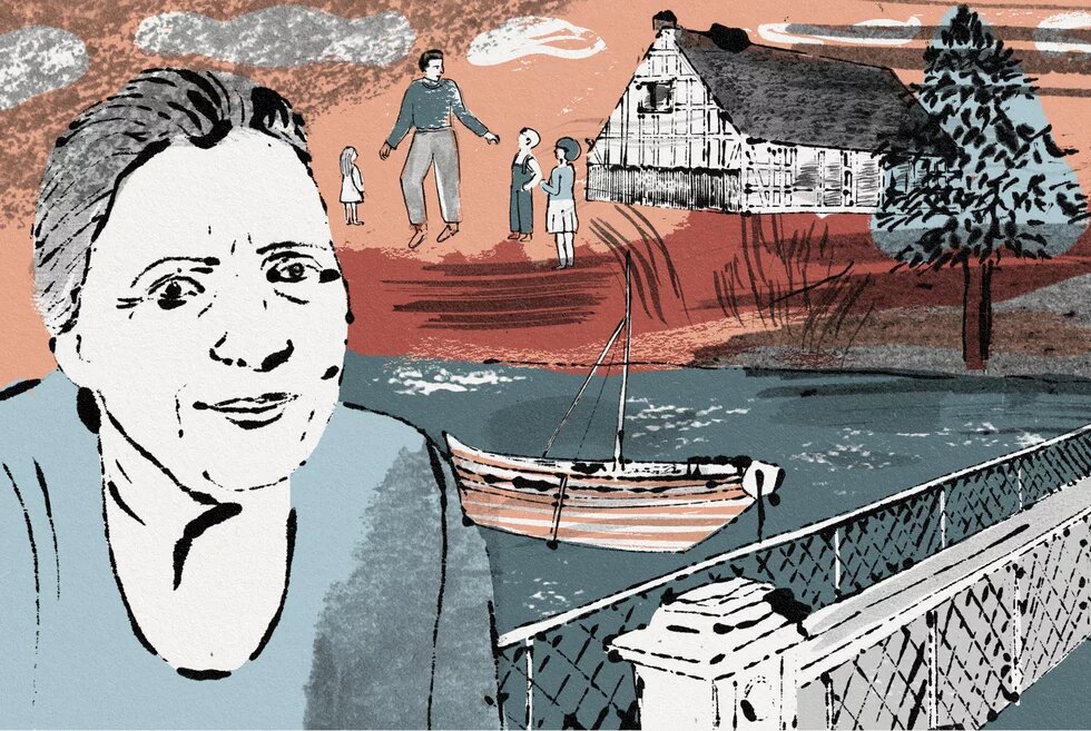 Vorn eine Person mit neutralem Blick, dahinter ein Boot am Wasser, ein Zaun, ein Haus und vier Personen auf rötlichem Boden.