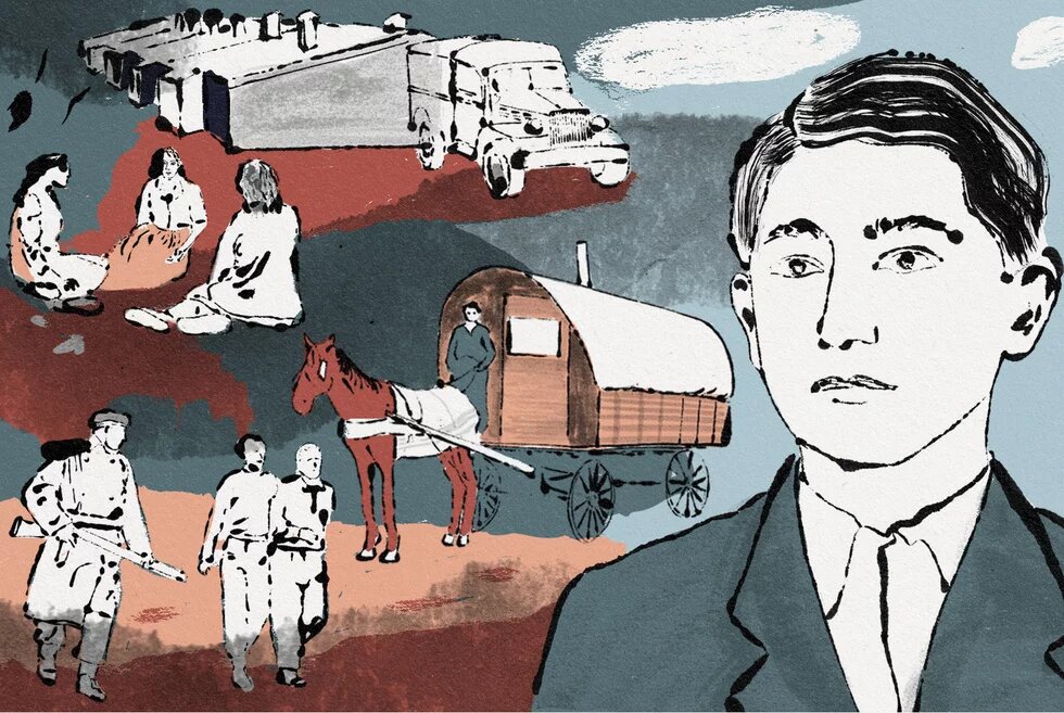 Rechts Porträt einer Person, links oben Baracken und Lkw, unten bewaffnete Person mit zwei Gefangenen, darüber drei sitzende Personen, Mitte Pferdewagen mit stehender Person.