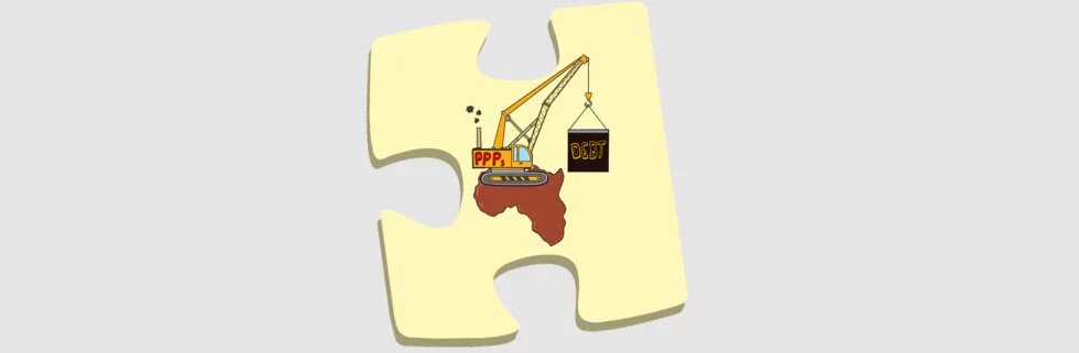 Illustration: Ein Bagger steht auf dem Kontinent Afrika und zieht eine Last mit der Aufschrift "Schulden" in die Höhe.