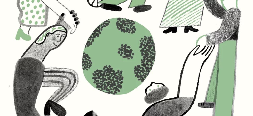 Fünf stilisierte Menschen stehen und knien um eine große grüne Kugel mit dunklen Punkten.