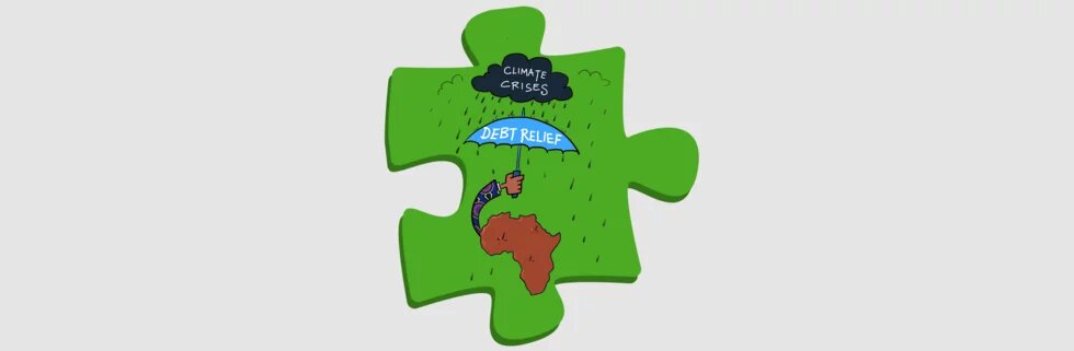 Illustration: Der afrikanische Kontinent hält einen "Schuldenerlass-Schirm" über sich, um die Klimakrise abzuwenden.