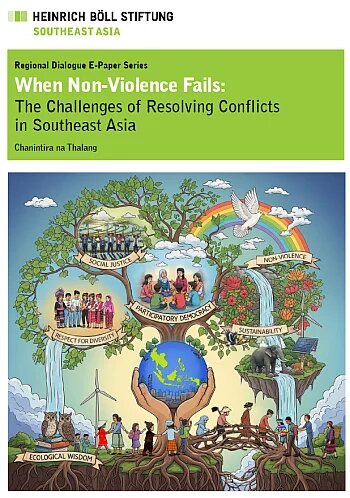 Illustration with a large tree containing terms such as “Social Justice” and “Non-Violence”; many groups of people around the tree.