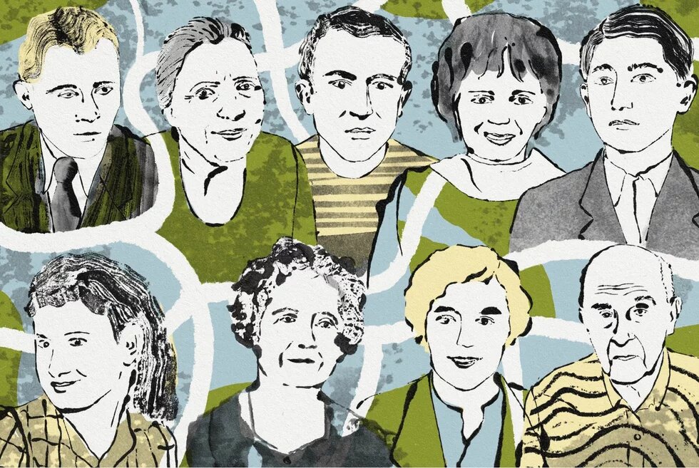 Illustration mit zehn Porträts von Personen vor farbigem, abstraktem Hintergrund in Blau, Grün und Weiß.