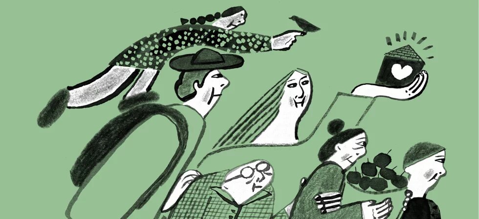 Women of various ages drawn against a green background; one figure is holding a bird on her hand, another is holding a house with a heart in her hand, and another is carrying a fruit basket.