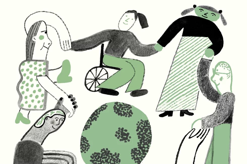 Illustraion: Differently depicted people are holding hands around a green patterned globe.