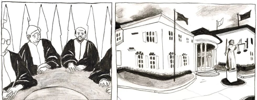 Illustration: Gericht und Männer in Roben 