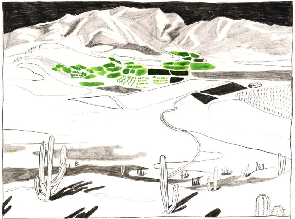 Illustration: Landschaft mit Bergen und Feldern