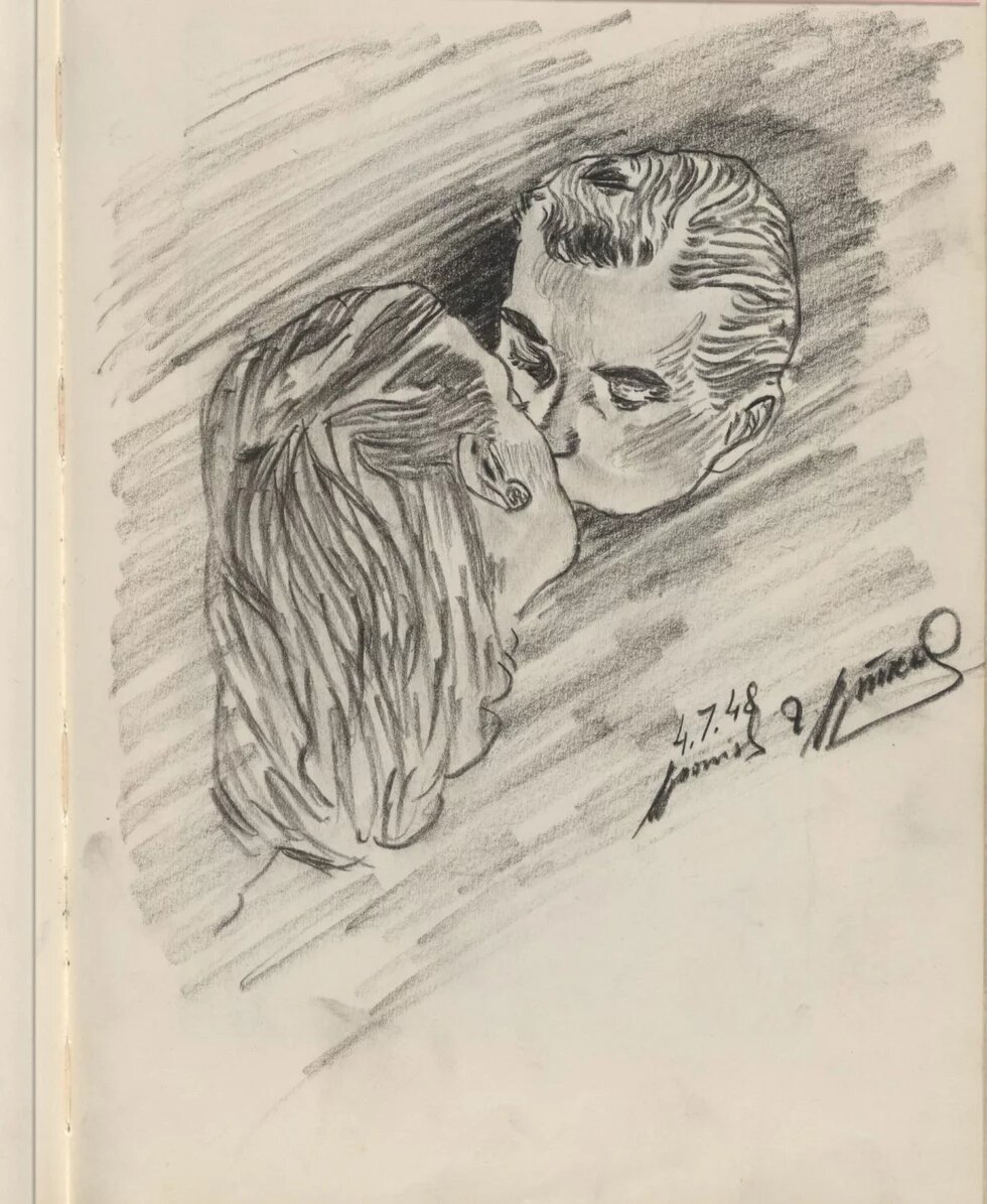 Bleistiftzeichnung eines sich küssenden Paars, unten rechts datiert mit „4.7.48“ und signiert.