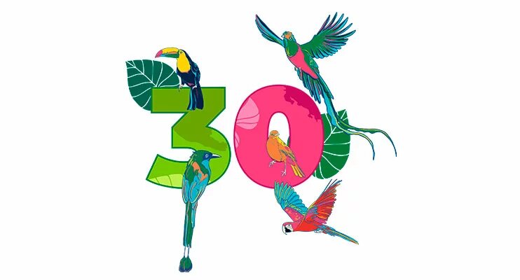 Grafik: Große bunte Zahl 30, umgeben von fünf tropischen Vögeln in kräftigen Farben, mit grünen Blättern im Hintergrund.