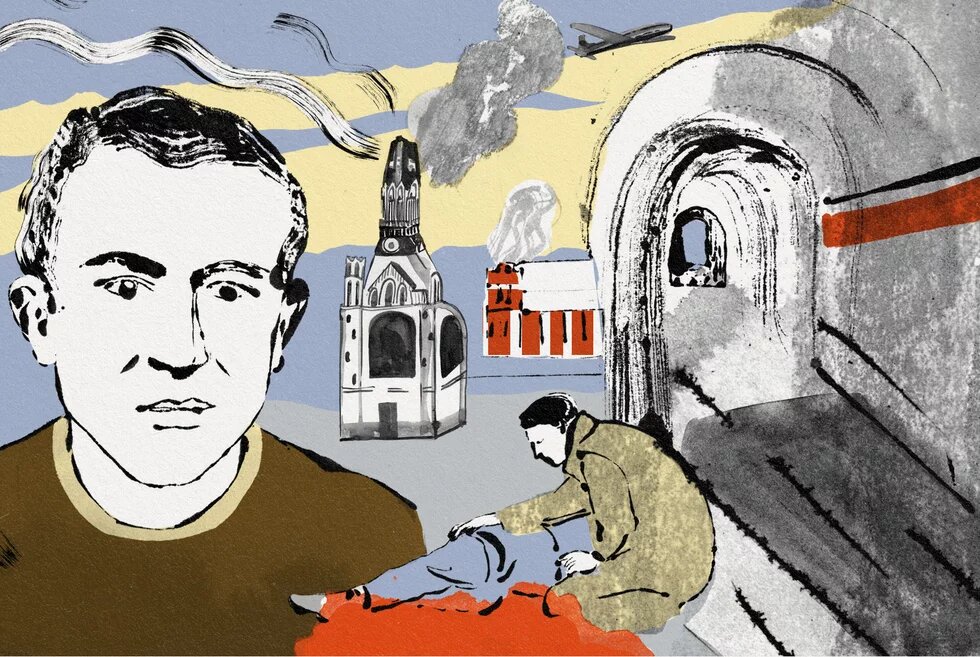 Collageartige Illustration: Gezeichnetes Porträt links, zerstörte Gebäude, Flugzeug, Rauch, Tunnel, Person beugt sich zu liegendem Körper auf rotem Boden.