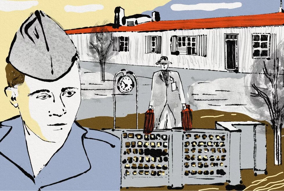 Collageartige Illustration: Links Porträt in Uniform, rechts Person mit Koffern vor Gebäude, mittig Uhr, vorne Rechenmaschine mit vielen Tasten.