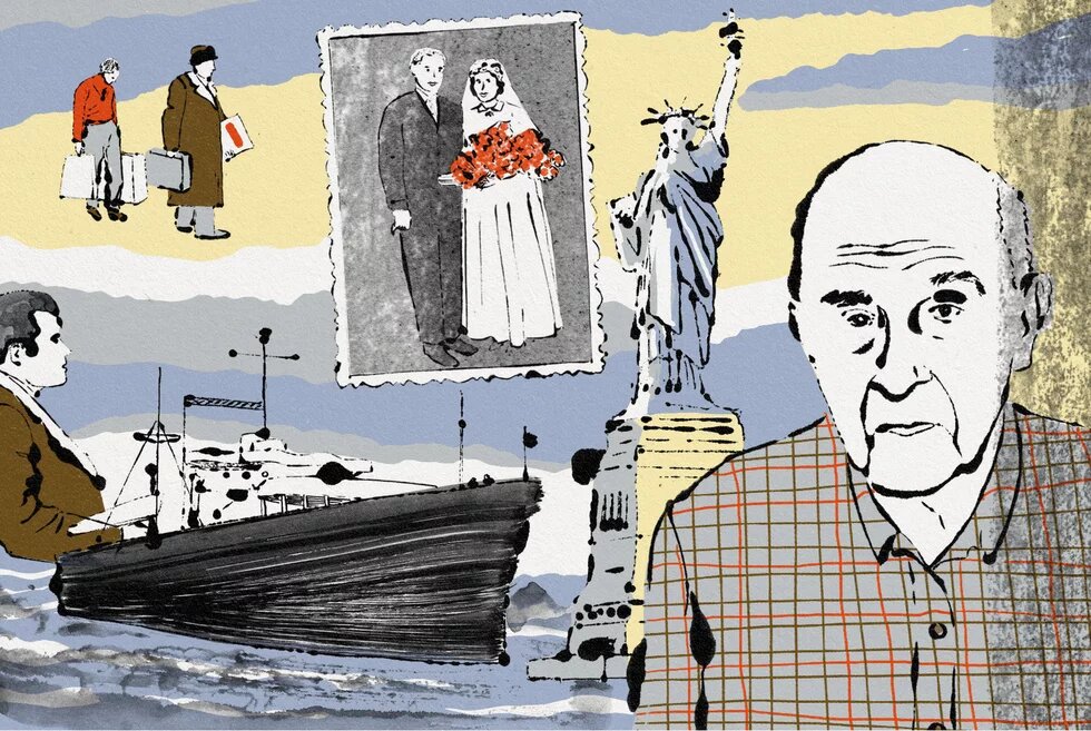 Collageartige Illustration: Rechts Porträt eines älteren Mannes, links Schiff, oben Freiheitsstatue, Hochzeitsfoto, Menschen mit Koffern.