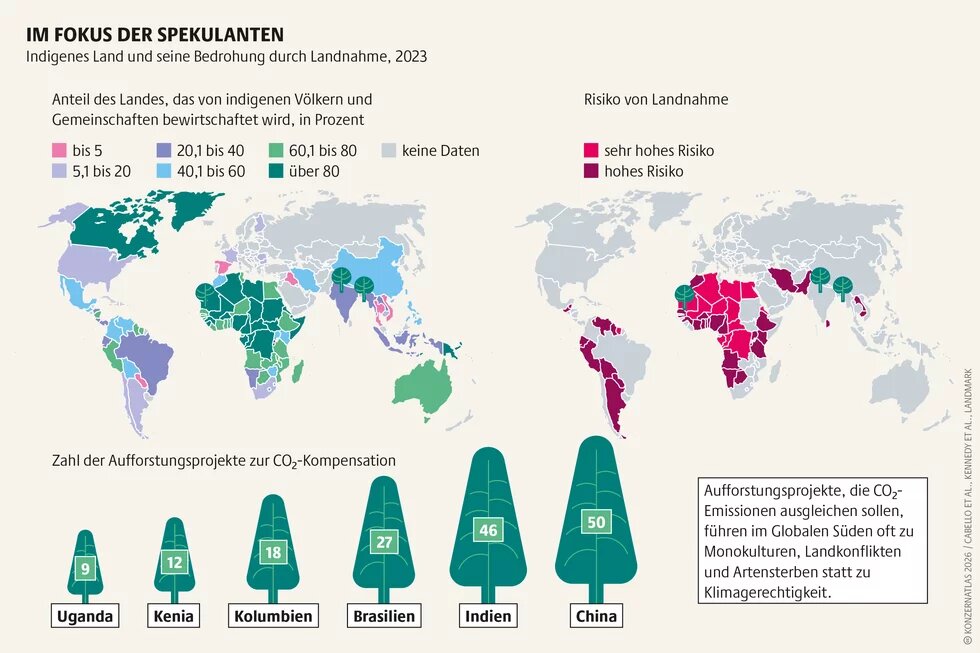 Mehrteilige Weltkarten-Grafik zu indigenem Land und Landnahme 2023. Sie zeigt den Anteil von Land, das von indigenen Völkern bewirtschaftet wird, das Risiko von Landnahme sowie die Anzahl von Aufforstungsprojekten zur CO₂-Kompensation in ausgewählten Ländern wie China, Indien, Brasilien, Kolumbien, Kenia und Uganda.