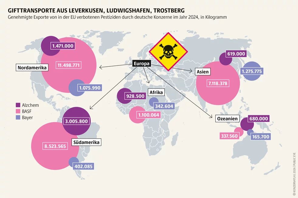 Weltkarte zu genehmigten Exporten von in der EU verbotenen Pestiziden durch deutsche Konzerne im Jahr 2024. Die größten Mengen gehen nach Nord- und Südamerika sowie nach Asien. Hauptakteure sind BASF, Bayer und Alzchem, mit besonders hohen Exportmengen von BASF.