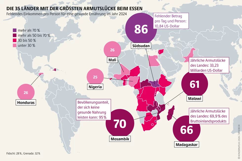 Weltkarte zu den 35 Ländern mit der größten Armuts­lücke beim Zugang zu gesunder Ernährung 2024. Besonders betroffen sind Länder in Afrika südlich der Sahara. Hervorgehoben sind unter anderem Südsudan, Mosambik, Madagaskar und Malawi, wo große Teile der Bevölkerung sich keine gesunde Ernährung leisten können und hohe Einkommenslücken bestehen.