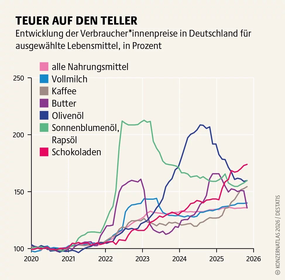 Liniengrafik zur Preisentwicklung ausgewählter Lebensmittel in Deutschland von 2020 bis 2026. Besonders stark steigen die Preise für Speiseöle, Butter und Schokolade, während die Preise für alle Nahrungsmittel insgesamt moderater zunehmen
