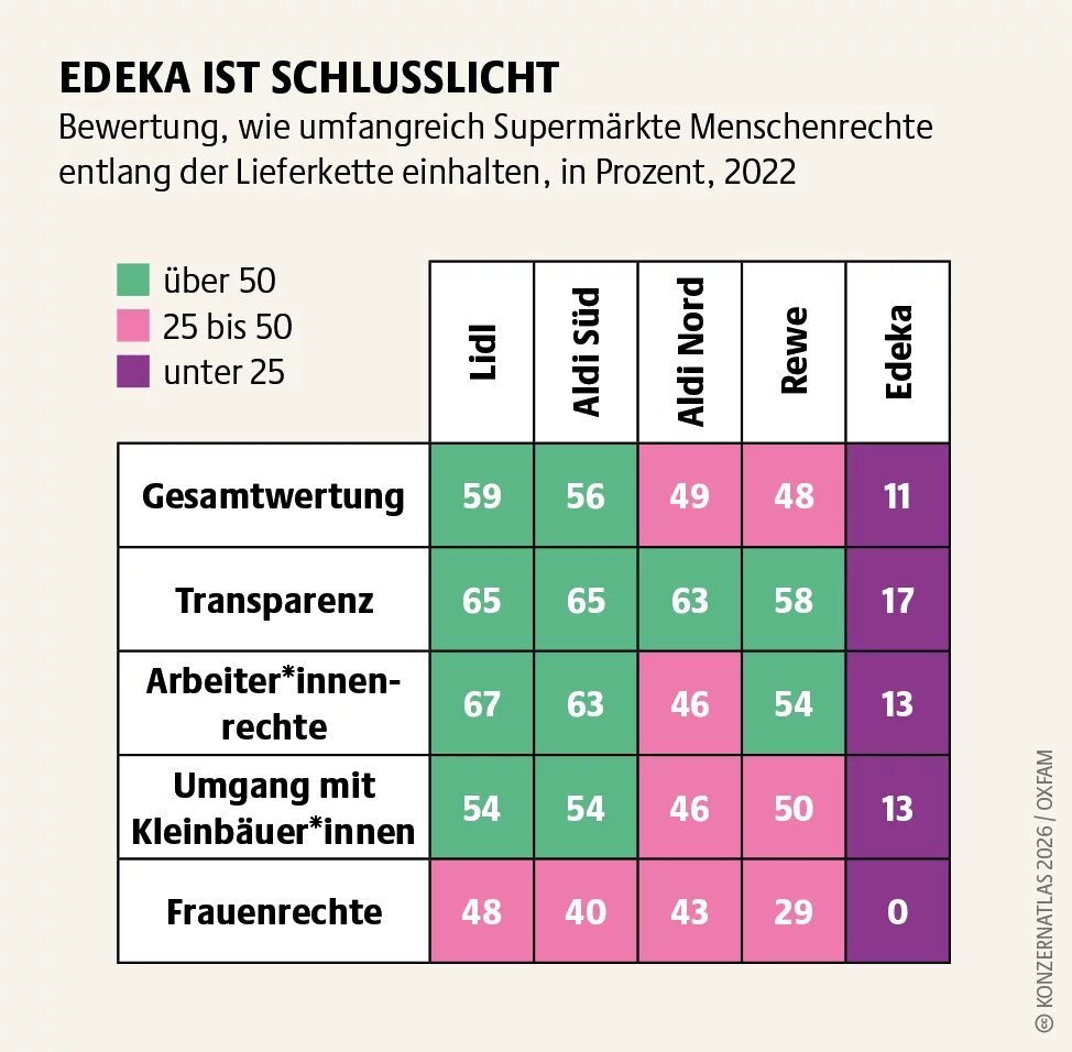 Tabelle zur Einhaltung von Menschenrechten in Supermarkt-Lieferketten 2022. Lidl und Aldi Süd erreichen die höchsten Gesamtwerte, Rewe liegt im Mittelfeld. Edeka schneidet in allen Kategorien deutlich am schlechtesten ab, besonders bei Frauen- und Arbeiter*innenrechten