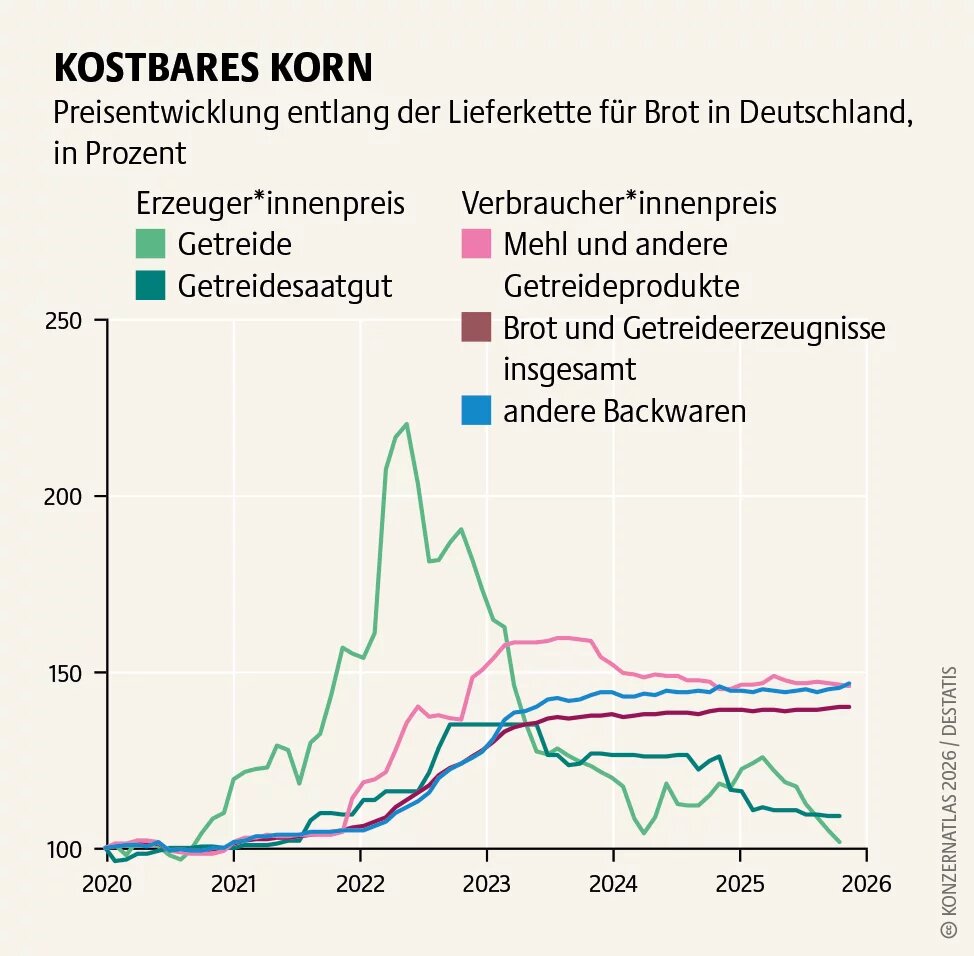 Liniendiagramm zur Preisentwicklung entlang der Lieferkette für Brot in Deutschland von 2020 bis 2025. Erzeugerpreise für Getreide steigen 2022 stark an und fallen danach deutlich, während Verbraucherpreise für Brot und Backwaren weiter hoch bleiben.