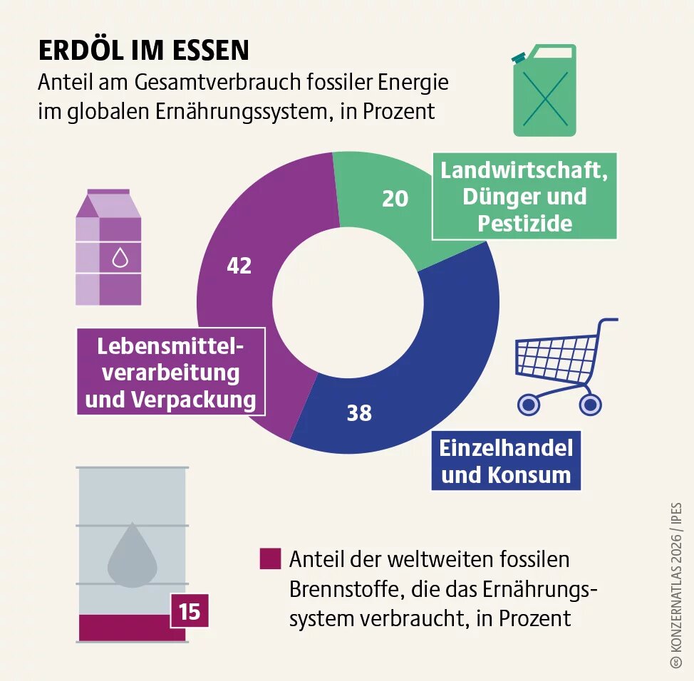 Kreisdiagramm zum Anteil fossiler Energie im globalen Ernährungssystem. 42 Prozent entfallen auf Lebensmittelverarbeitung und Verpackung, 38 Prozent auf Einzelhandel und Konsum sowie 20 Prozent auf Landwirtschaft, Dünger und Pestizide. Insgesamt verbraucht das Ernährungssystem 15 Prozent der weltweiten fossilen Brennstoffe.
