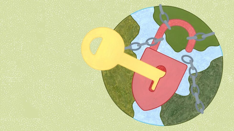 Illustration: World globe with chain and padlock, a large key is inserted into the lock.