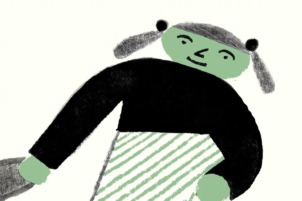 Drawn person with green face and pigtails holds another hand at the bottom left of the image.