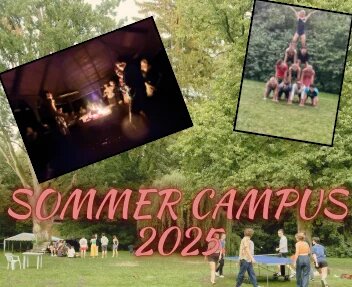 Mehrere Kinder* auf Wiese beim Spielen, Lagerfeuer-Szene und Menschenpyramide als kleinere Bilder, Text: „SOMMER CAMPUS 2025“.