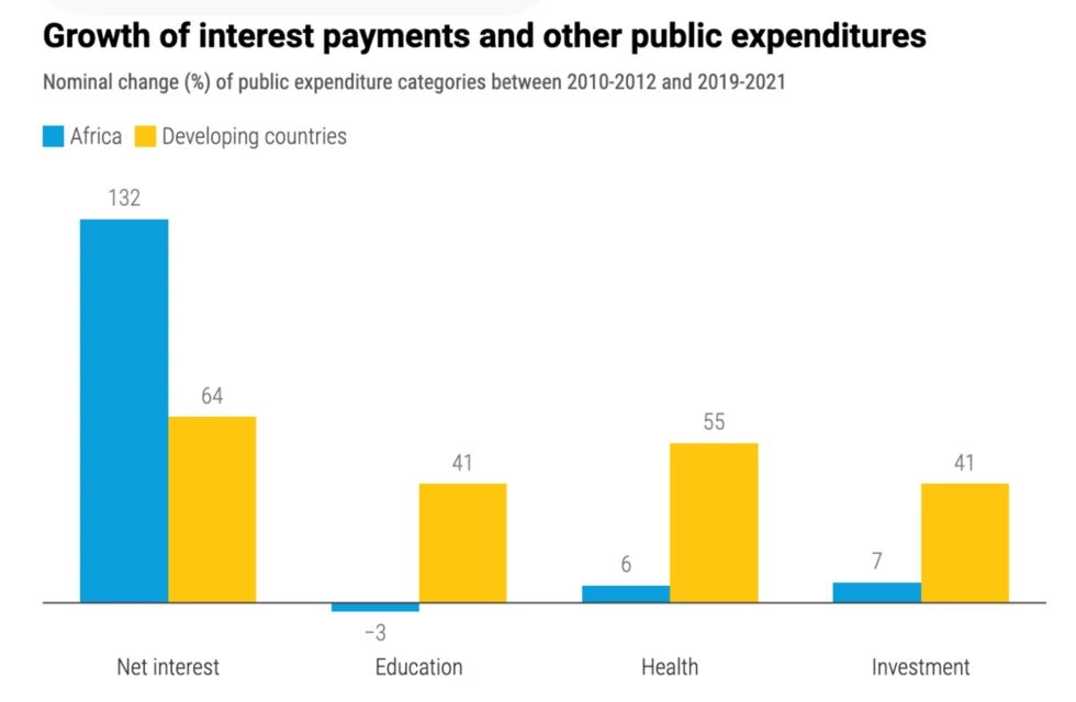 Bar chart shows that interest expenditure in Africa is rising sharply, while other expenditure is rising only slightly compared to other countries.