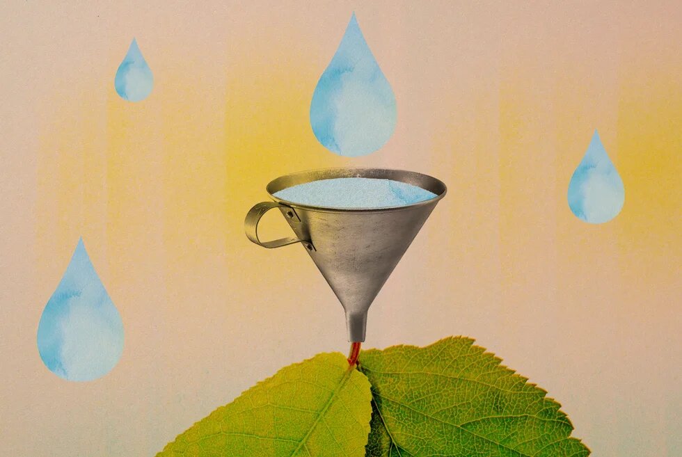 Collage: Trichter über Blatt fängt fallende Wassertropfen; Spitze berührt Blattstiel.